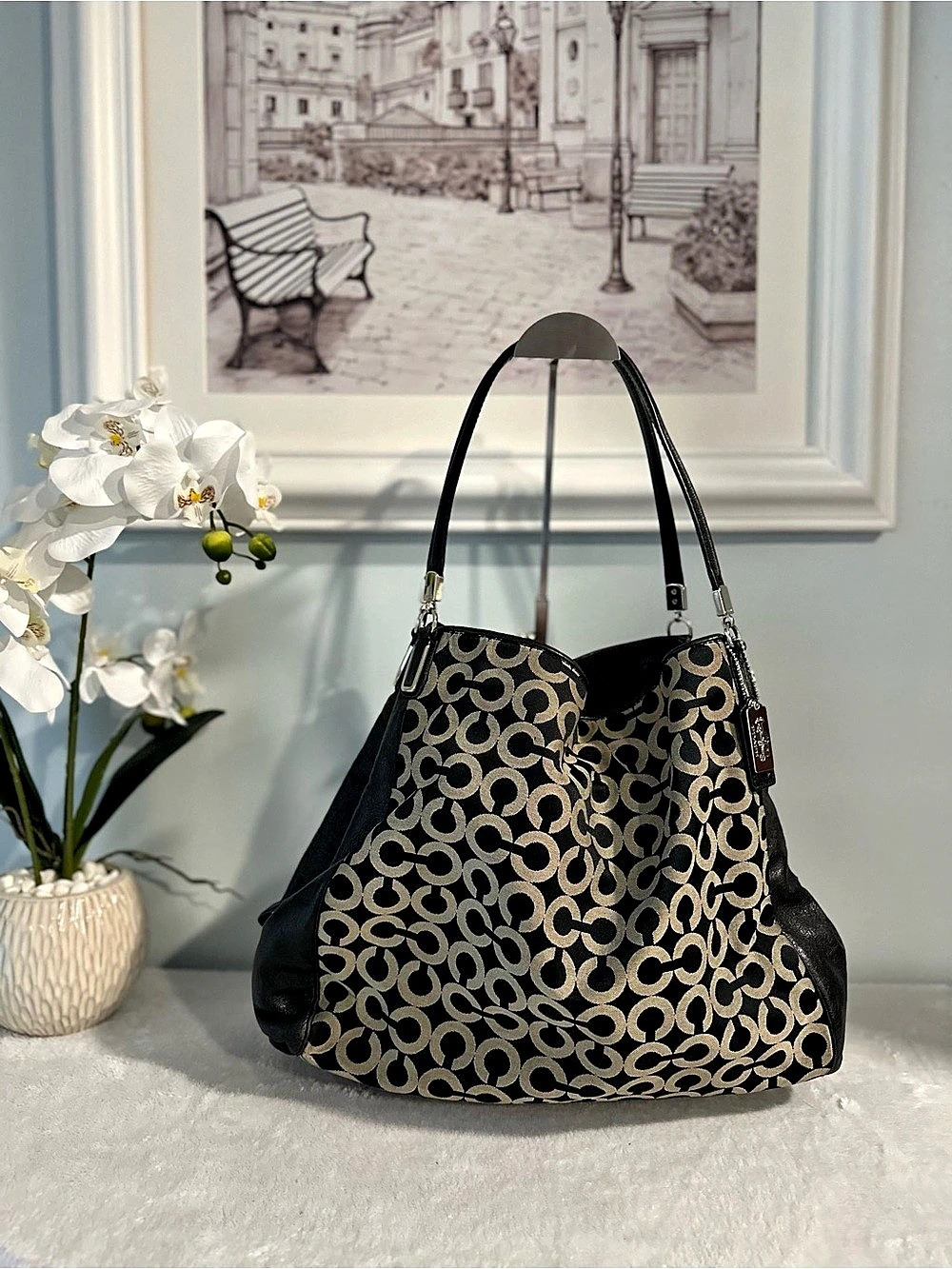 Coach Madison Op Art Sateen Phoebe Shoulder Bag - Black & Grey GUC